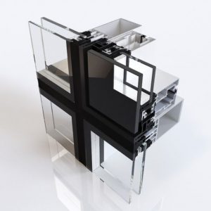 3D model staklenog fasadnog sistema prikazuje ukrštene metalne okvire i prozirne staklene panele raspoređene u mrežasti uzorak.
