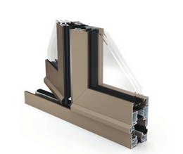 Cross-section of a brown aluminum window frame with double glazing, showing the materials and internal structure.