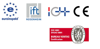 Skup logotipova certifikacija, uključujući euroinspekt, ift Rosenheim, IGH, CE i Bureau Veritas ISO 14001/OHSAS 18001.