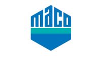 Slika prikazuje plavi i tirkizni geometrijski logotip s riječju “maco” u stiliziranim velikim slovima na šesterokutnoj pozadini.