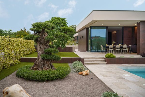 Moderna kuća s velikim prozorima, vanjskim blagovaonskim prostorom, bazenom, uređenim dvorištem i podrezanim stablom u bonsai stilu u prvom planu.